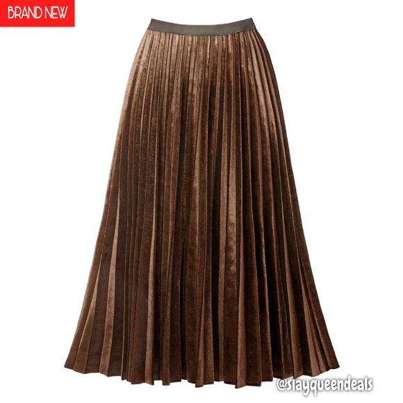 Pleated A-Line High Waist Swing Flare Midi Skirt Wrinkle Resistant Polyester - Picture 1 of 7